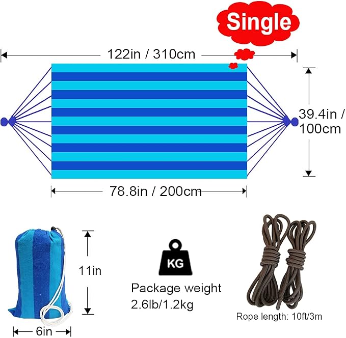 GOCAN Brazilian Single Hammock 1 Person Canvas 200X100cm Total Length 310cm Load 250kg Cotton Hammock for Garden Backyard Outdoor and Indoor