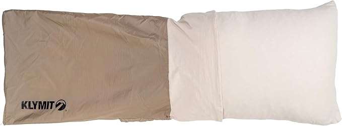 KLYMIT Drift Camping Pillow | Lightweight, Travel Head Rest for Sleep Filled with Shredded Memory Foam, Reversible Outer Cover for Extended Use, Regular Size — Tan