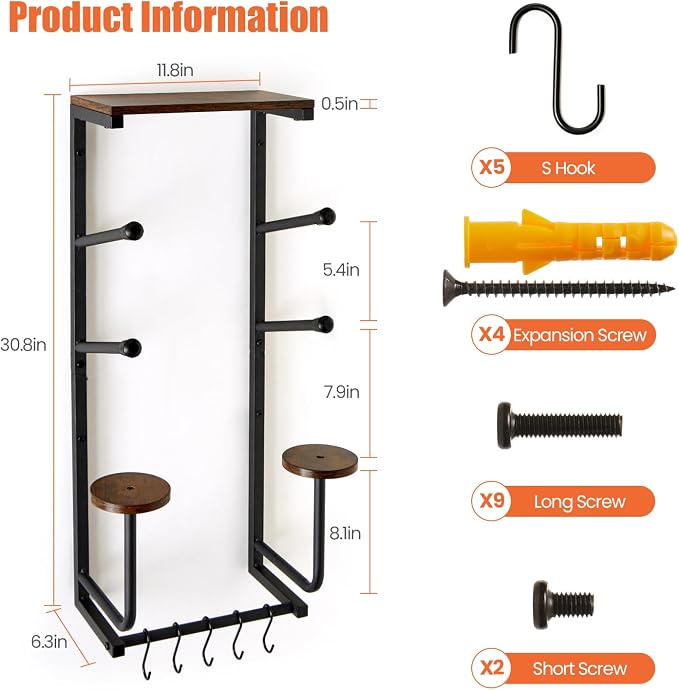 Skateboard Wall Mount Rack — Horizontal Multi-Board Display Shelf & Hanger, Longboard Deck Cruiser Holder, Wooden Helmet Stands & Accessories Hooks, Home Garage Wall Storage Organizer (Black)