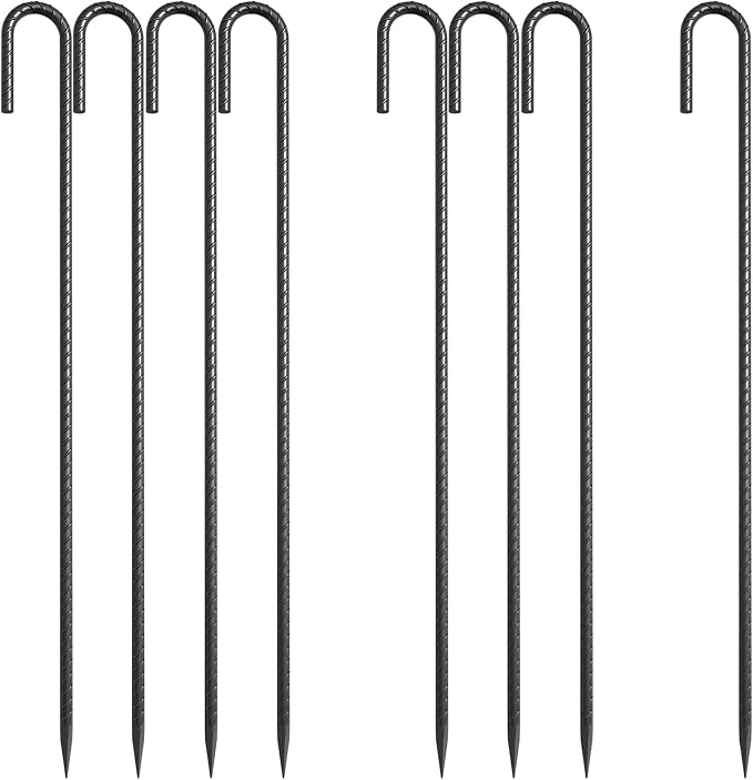 24 Inch J Hook Rebar Stakes 3/8" Thick, 8 Pack Extra Heavy Duty Black E-Coated Steel Ground Anchors for Greenhouse, Carport, Commercial Bounce House, High Wind Areas & Soft Soil
