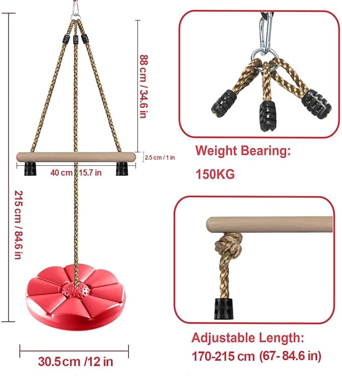 REZNOR Disc Swing for Kids Swing Set Accessories, 7FT Height Adjustable Gym Monkey Bar, Tree Swing for Backyard (Red)