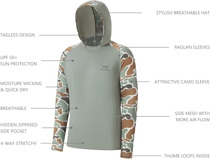 BASSDASH Men’s UPF 50 Performance Fishing Shirt Cooling Hoodie Camo Long Sleeve FS17M