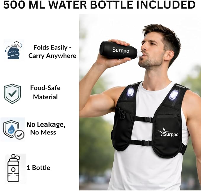 Running Hydration Vest with 3 LED Safety Lights and 500ml Soft Flask, Lightweight Reflective Running Vest for Women Men, Adjustable Chest Straps, Phone Pocket for Marathon Trail Night Running