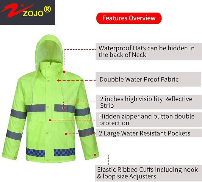 zojo High Visibility Safety Rain suit, Jacket, Pants High Visibility Reflective Rain Coats (Yellow-2XL)