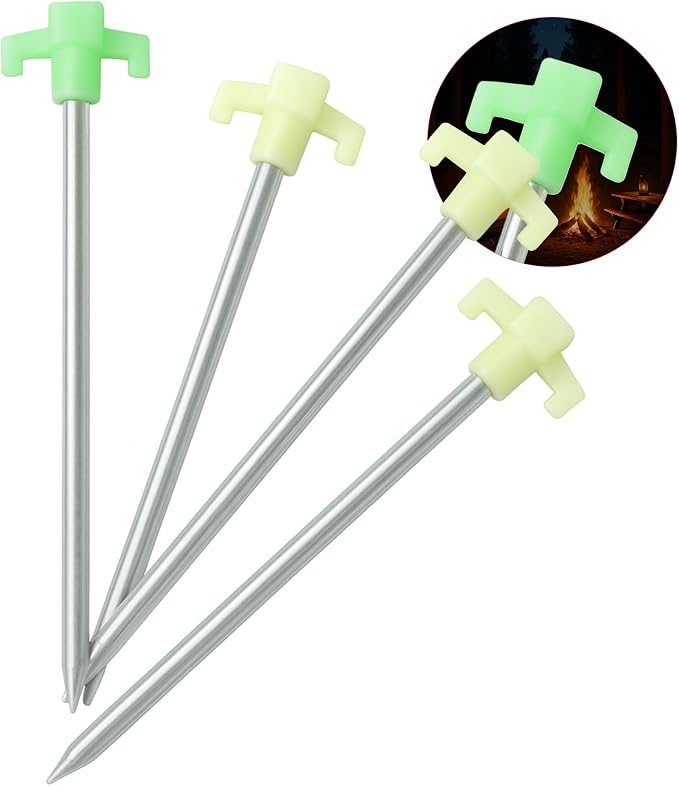 10" Glow in the Dark Tent Stakes - Unbreakable Rebar Stakes, Metal Stakes Heavy Duty, Camping Spikes with High Impact, 5/16" Diameter Corrosive Resistant Ground Anchor, Made in USA Metal Tent Anchors