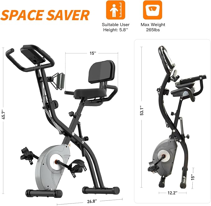 ATIVAFIT 5-in-1 Foldable Exercise Bike for Home, Upright & Recumbent Indoor Bike with 8-Level Magnetic Resistance, Resistance Bands, Quiet Cardio, Adjustable Seat