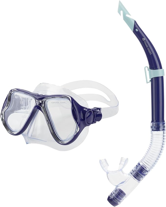 Hawaii Divers Manta Ray Adult Snorkel Set - Premium 2-Window Tempered Glass Snorkel Mask with Silicone Mouthpiece, Snorkeling Gear for Adults