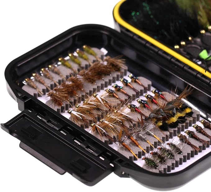 Wifreo Fly Fishing Flies Assortment with Waterproof Fly Box, 28/40/64/92/120pcs Dry/Wet/Nymph/Streamer Flies, Trout/Bass/Panfish/Salmon Fishing Flies