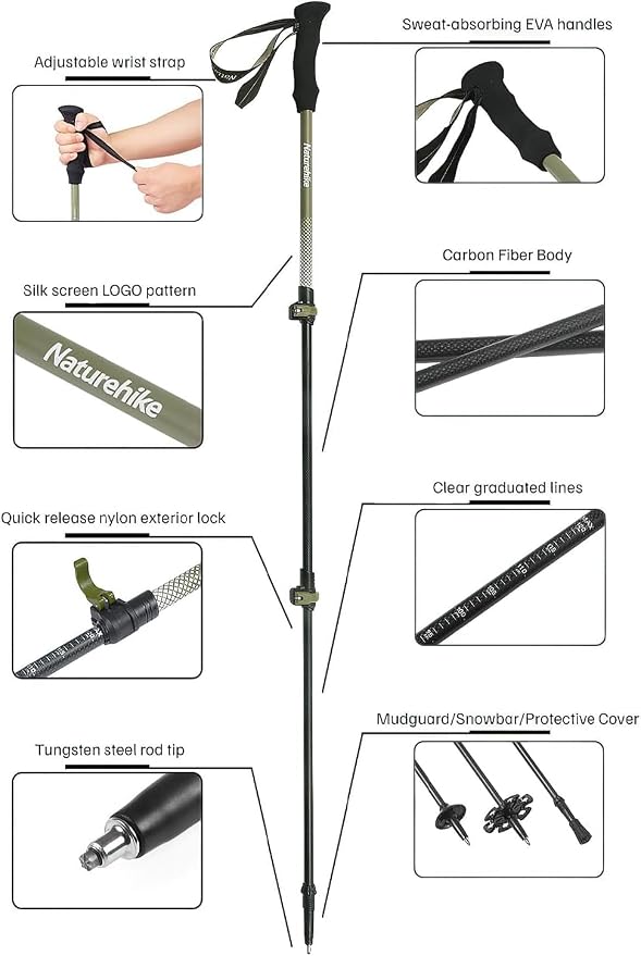 Naturehike 1 Piece Carbon Fiber Trekking Pole, 6oz Ultralight Single Collapsible Walking Stick for Women & Men, Adjustable Foldable Hiking Pole for Backpacking, Travel