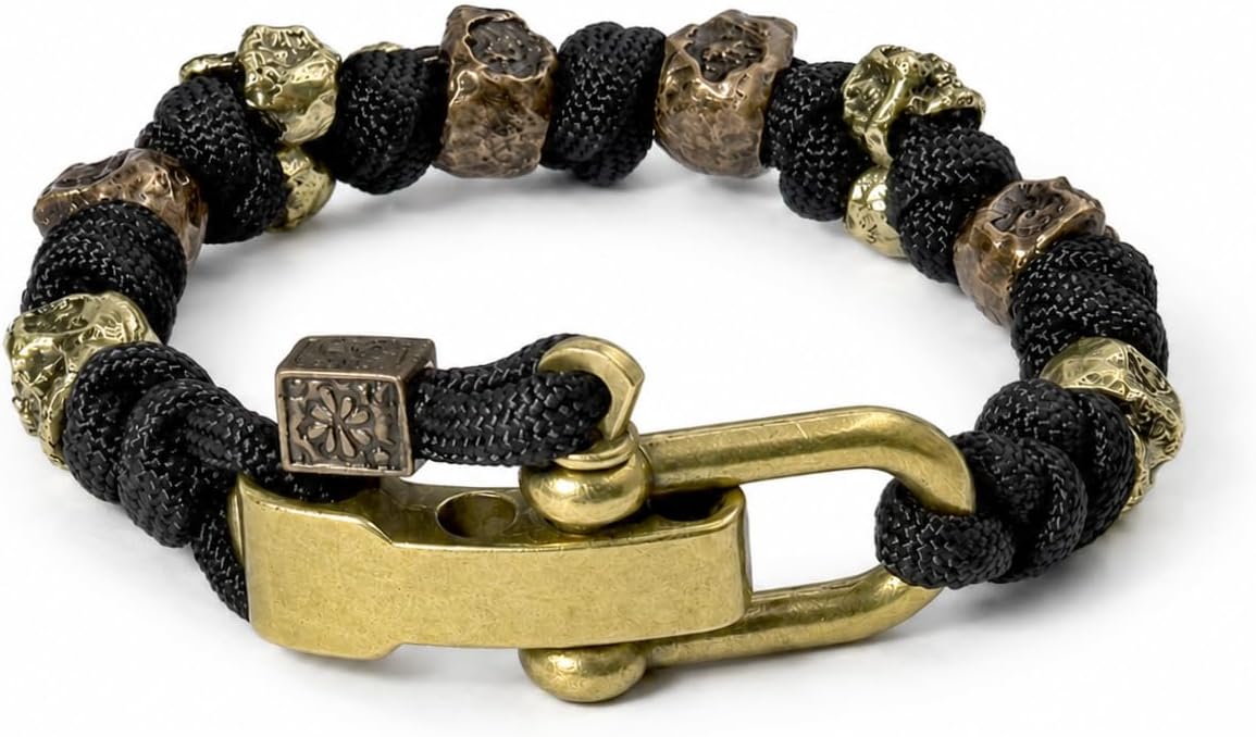 Skull Paracord Bracelet Black Green Paracord Bracelet Adjustable Gothic Design Bracelets with Metal Skull Charms U-Shackle Closure