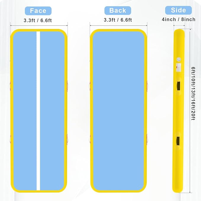 Inflatable Air Gymnastics Mat Tumble Track, 6.6/10/13/16/20ft Tumbling Mat Air Tumbling Track, Air Training Mat with Air Pump for Home/Water Fun/Gym/Yoga/Training/Cheerleading