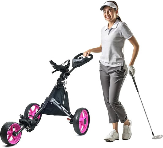 Golf Push Cart 3 Wheel - JAD ProGolf Ladies Pushcart for Women Golfers, Super Lightweight Deluxe Easy to Fold Collapsible Golfing Pull Cart