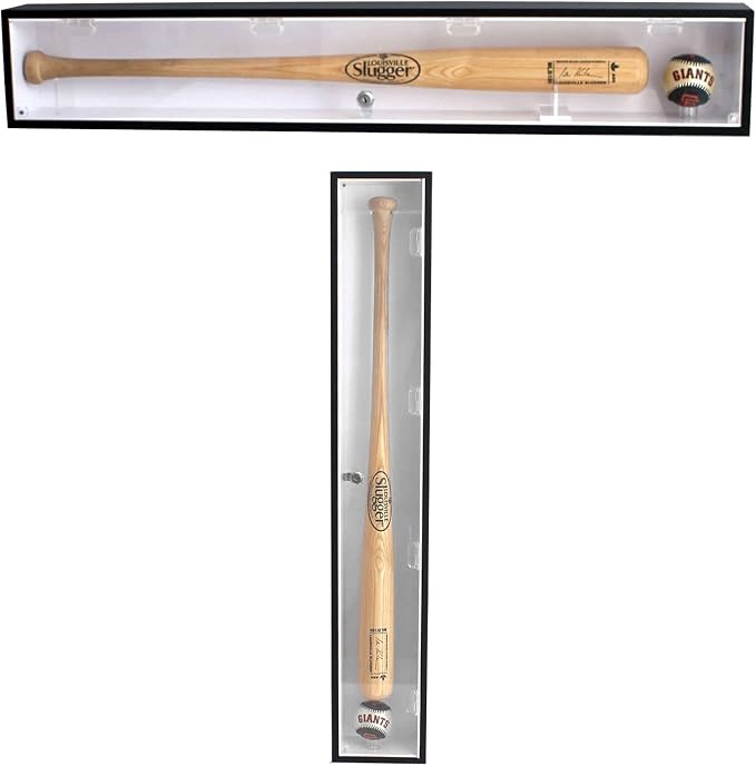 DisplayGifts Baseball Bat Display Case Rack Cabinet Holder Wall Mount, 98% UV Protection Acrylic Door, Lock, Can Hang Vertical or Horizontal (Black Frame, White Interior)