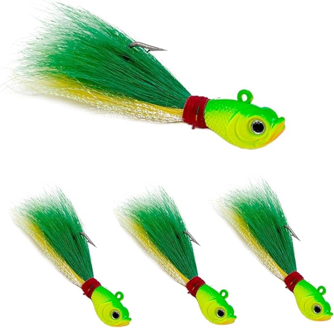 Natufish Bucktail Jigs 3/5Pcs Flash Hair Tail Lifelike Action Saltwater | Fishing Hair Jigs with Natural Deer Hair, 3D Eyes & Sharp Hook Design, Mimic Baitfish Movement 1/4oz-2oz Sizes
