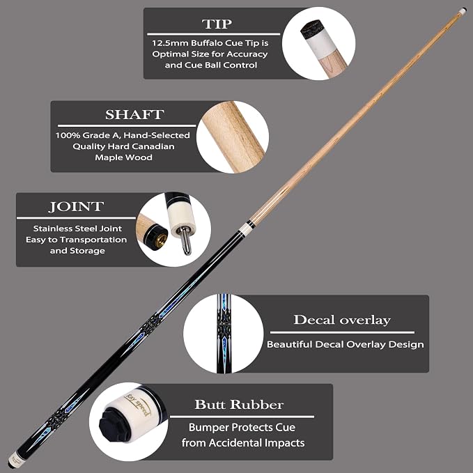 Pool Cue Stick with Hard Case Hardwood Canadian Maple Professional Billiard Pool Stick 58" 2-Pieces 19/20oz Pool Stick Set