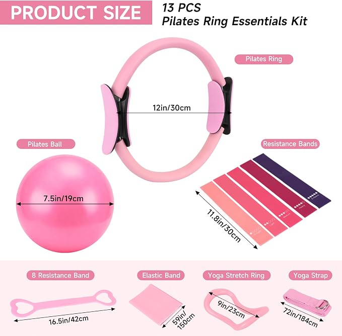 SANLIKE Home Pilates Essentials Kit for Women, Pilates Equipment Ring and Ball Set, 12'' Magic Circle, Yoga Ball,8 Resistance Bands Premium Accessories Kits for Starter Toning Workouts at Home