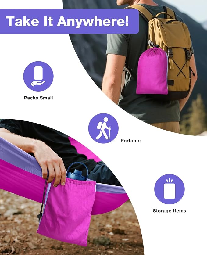 MOSFiATA Camping Hammock, Lightweight Parachute Hammock Up to 700lbs with 2 Tree Straps and Attached Carry Bag Portable Outdoor Hammock for Backpacking Hiking Travel (Pink Purple)