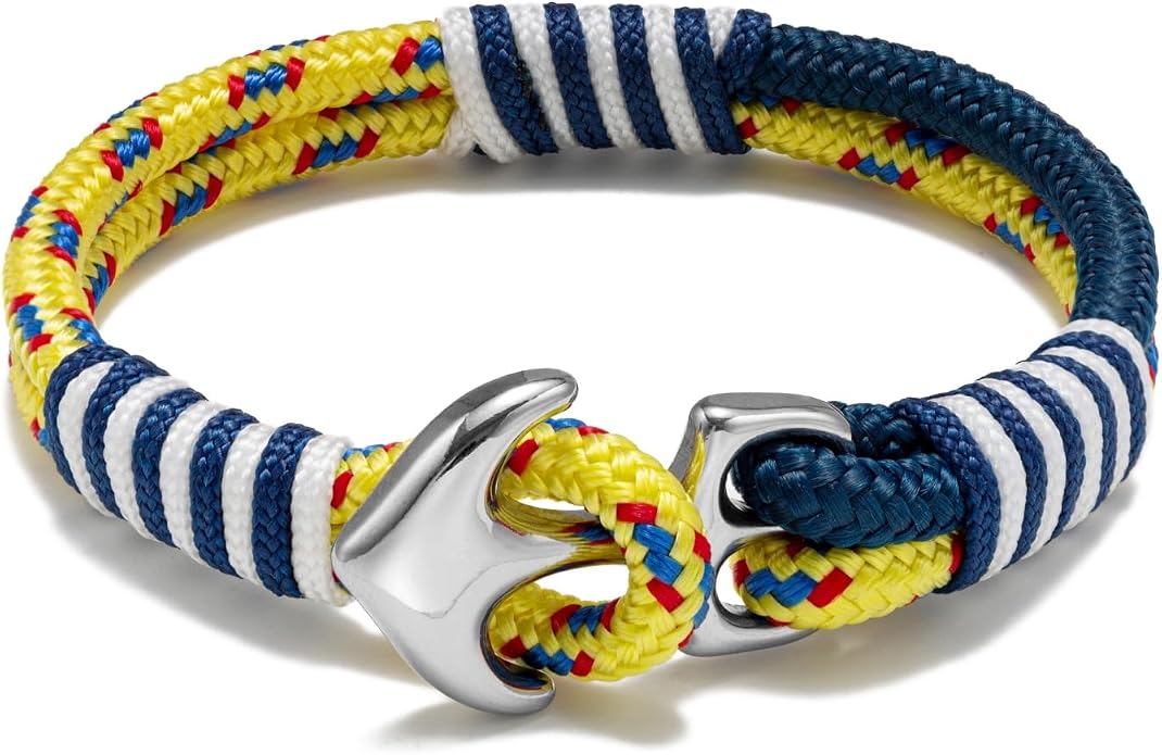 Men's Nautical Anchor Cuff Bracelet, Handmade Black & Blue Stainless Steel Rope Wristband with Lobster Claw Clasp