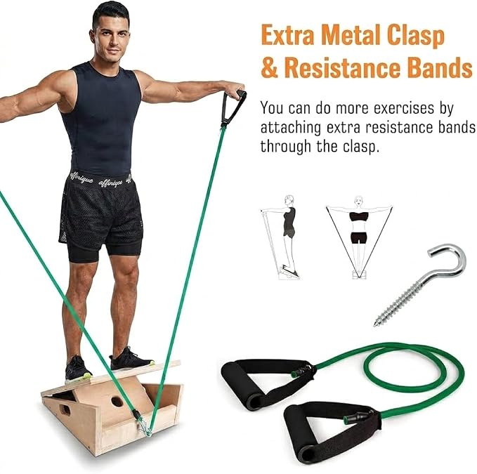 3-in-1 Portable Wooden Slant Board, Balance Board & Resistance Band – 5 Incline Angles –Incline Board – Slant board for exercise, Squats, Physical Therapy – Anti-Slip Surface, Portable, Metal Hook