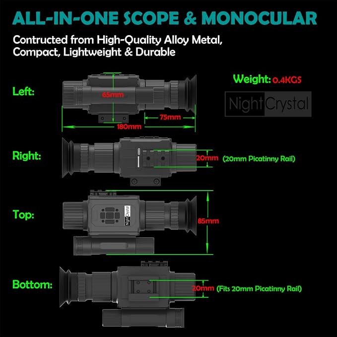 Day Night Vision Scope Digital Monocular Riflescope, 1080p HD, 5X Digital Zoom, Shock Resistant, with Picatinny Mount, Perfect for Hunting and Wildlife Observation (Without Battery)