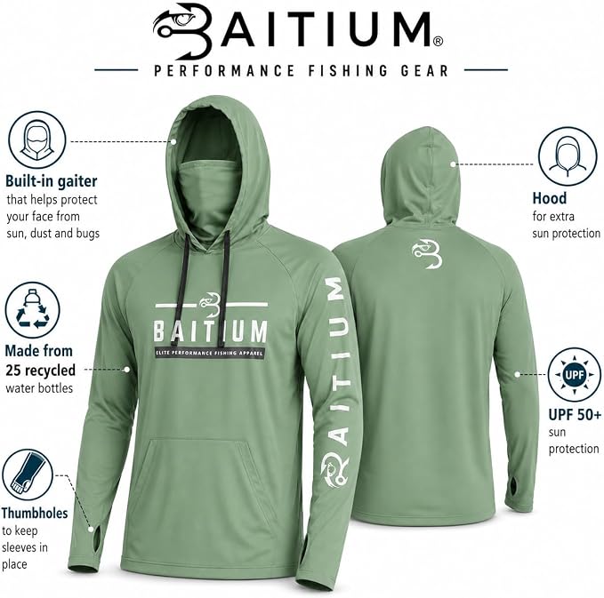 Fishing Shirts for Men,UPF50 Hooded Long Sleeve with Gaiter, Sun Protection Dry Fit Apparel, Face Mask, Fishing Clothes