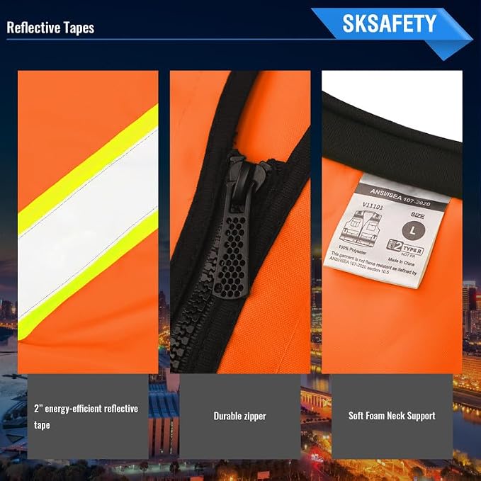 SKSAFETY 10/12 Pockets Safety Vest - Class 2 High Visibility Security with Zipper Double-sided mesh, Hi Vis Vest with Reflective Strips, ANSI/ISEA Standard, Construction Work Vest （Orange）