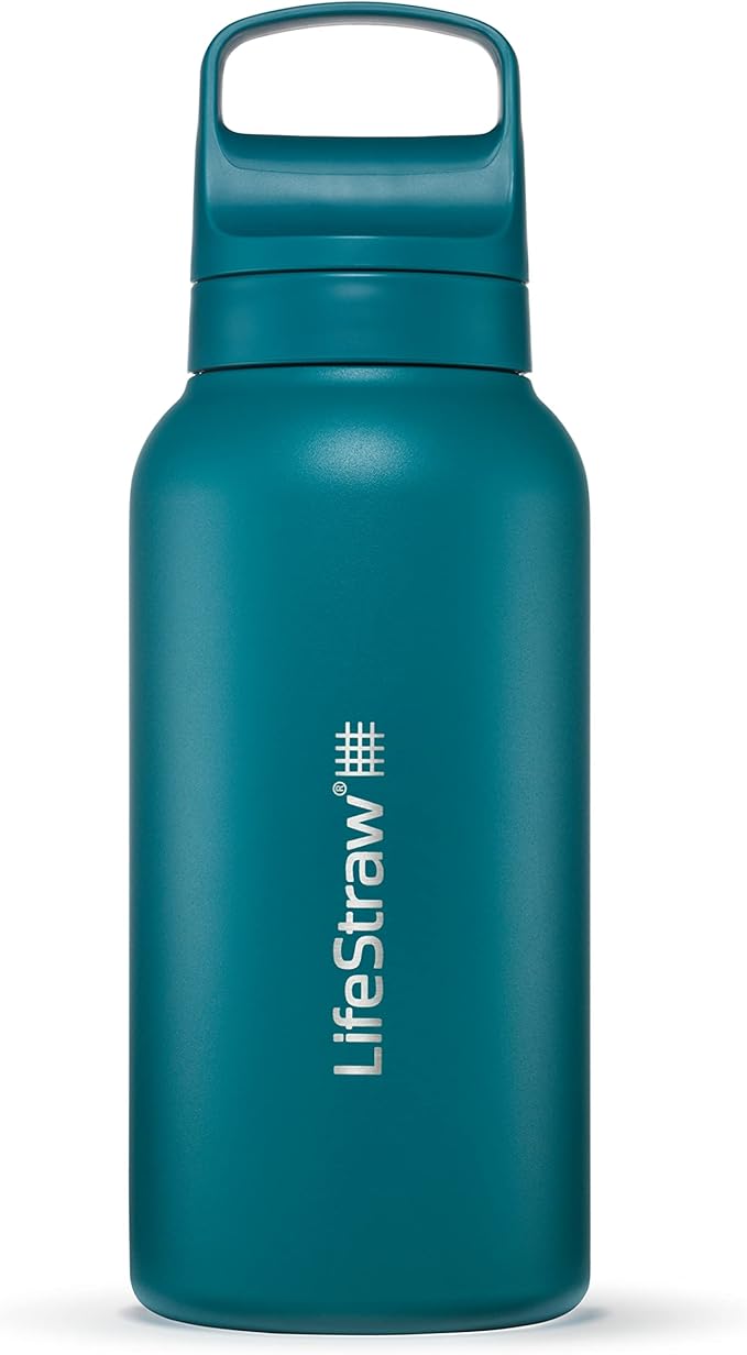 LifeStraw Go Series — Insulated Stainless Steel Water Filter Bottle for Travel and Everyday Use Removes Bacteria, Parasites and Microplastics, Improves Taste, 1L, Laguna Teal
