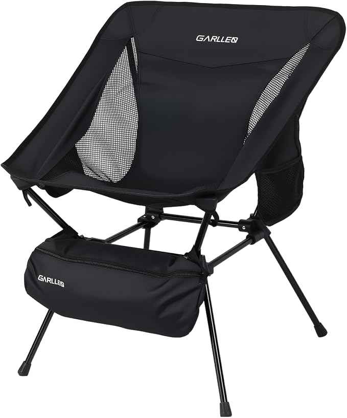 GARLLEN Portable Camping Chair 220LBS Capacity, Folding Backpacking Chair with Both Side Pockets, Folding Travel Chair with Carrying Bag & Anti-Slip Feet for Camping, Hiking, Picnic, Beach
