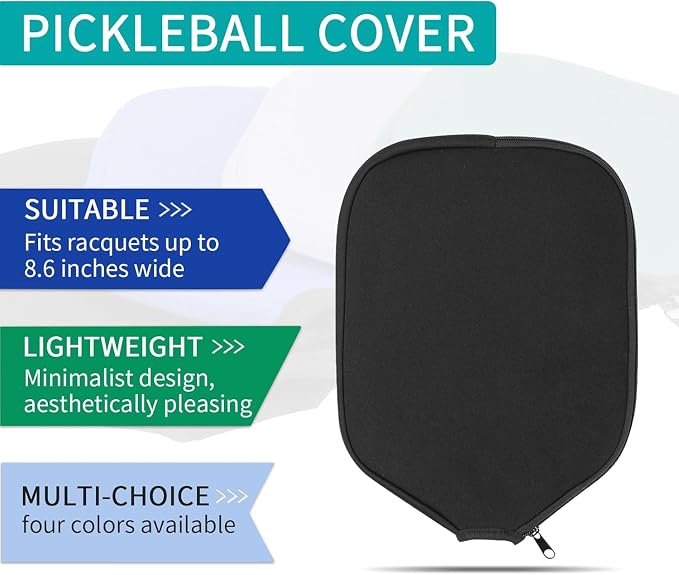 MYKUJA Pack of 4 Pickleball Paddle Cover, Zippered Paddle Case 8.6 x 11.8 inches, Neoprene Racket Sleeve, Black, Blue, Green, Purple Pickleball Covers Fits Paddles Racqets