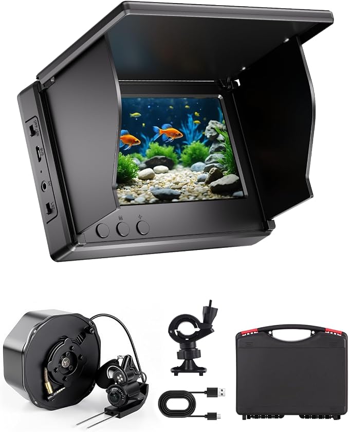FOURQ Auto Reel Underwater Fishing Camera, 4.3" HD Monitor Fish Finder with 100ft Cable, 4 IR Night Vision Lights & 5000mAh Battery, Portable Video Camera for Ice, Kayak, Boat & Saltwater Fishing