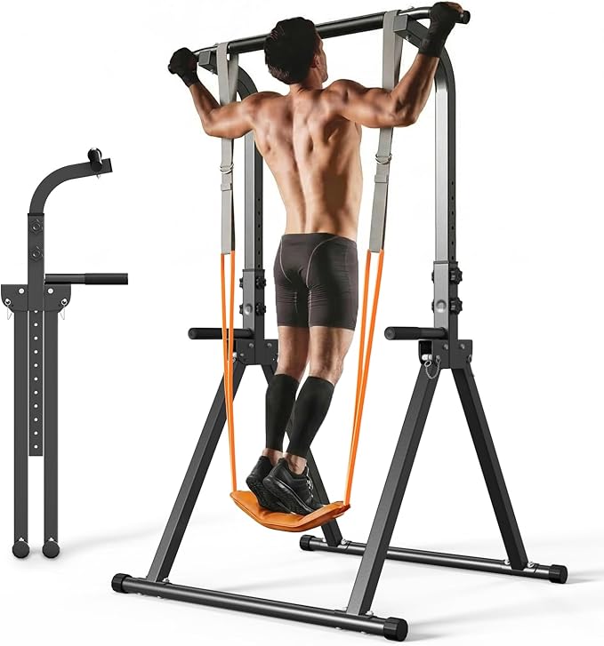 YYJO Foldable Pull Up Bar Free Standing Multi-function Power Tower Dip Bar with Assistance Bands Home Gym Strength Training Equipment