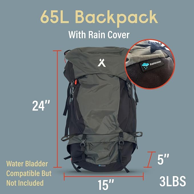 Bear Grylls 65L + 5L Hiking Hydration Backpack, Perfect For Backpacking, Large Pack With Separated Bottom Compartment, Camping, Mountain Biking, Skiing, Snowboarding, For Men and Women - Black