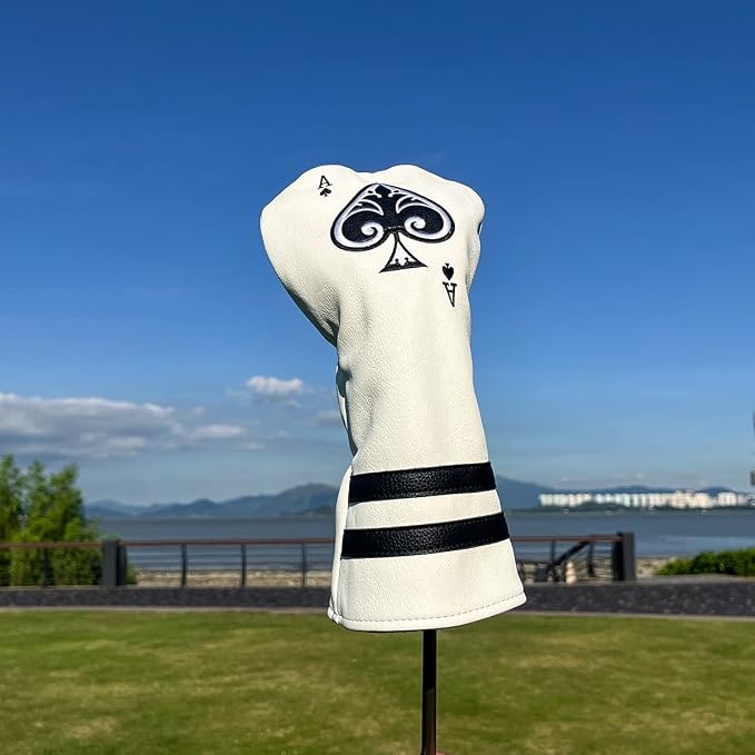 Ace Wood Club Headcover - 3pcs or 1pc - Driver/Fairway Woods/Hybrid Rescue - White Leather Golf Club Cover