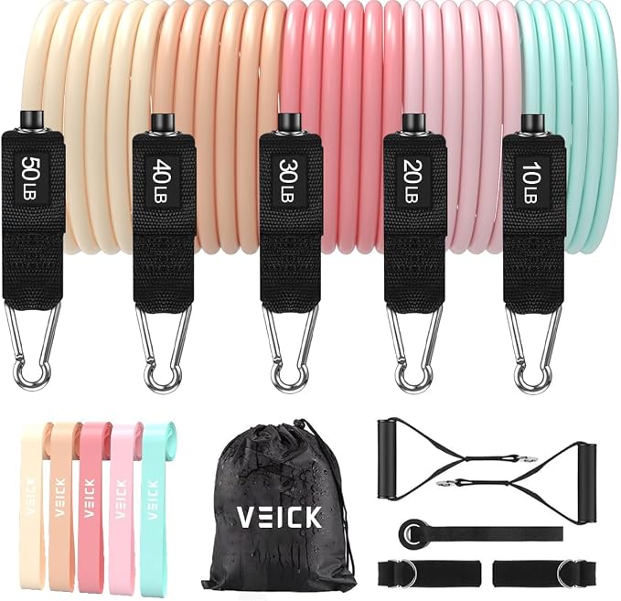 VEICK Resistance Bands Set, 10-150 LBS Stackable Exercise Bands with Handles, Ankle Straps & Door Anchor, Workout Bands for Home Gym, Yoga, Pilates, Physical Therapy for Men Women