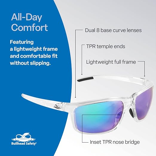Bullhead Safety Eyewear Pompano Glasses – Anti-Fog, Lightweight, Scratch Resistant, UV Light Blocking Sunglasses for Driving, Golf, Boating, Outdoor Work, Green Mirror Lens