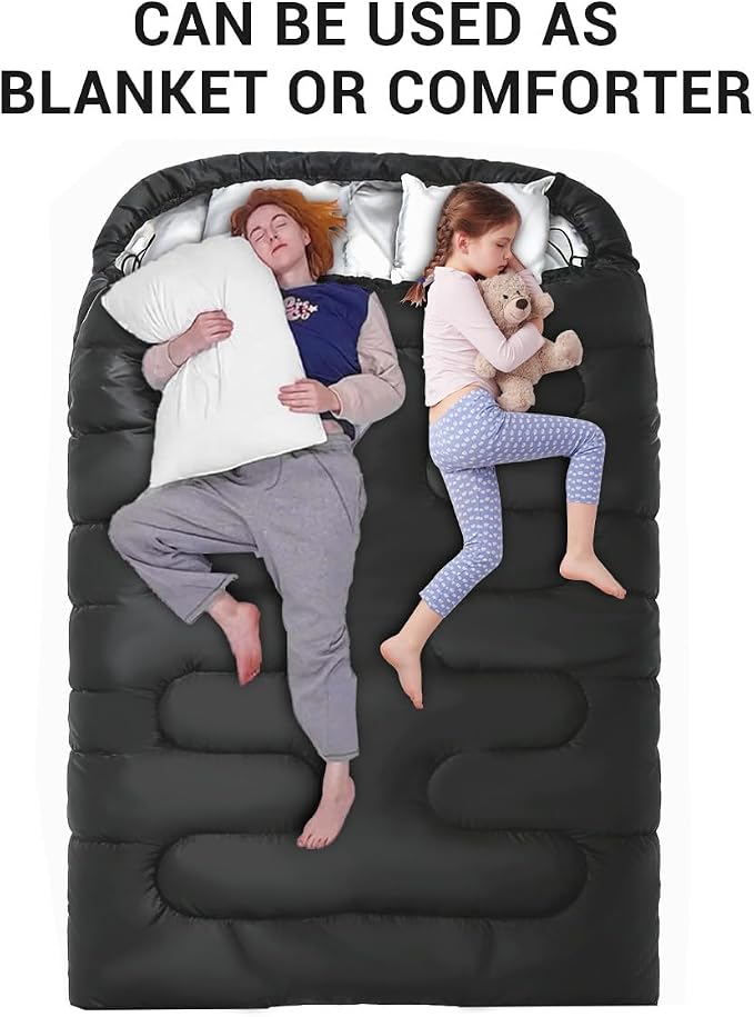 Double Sleeping Bag for Adults Camping,Bring Pillow, XL Queen Size Sleeping Bags for 2 Person Hiking Backpacking, Lightweight Waterproof with Compression Sack