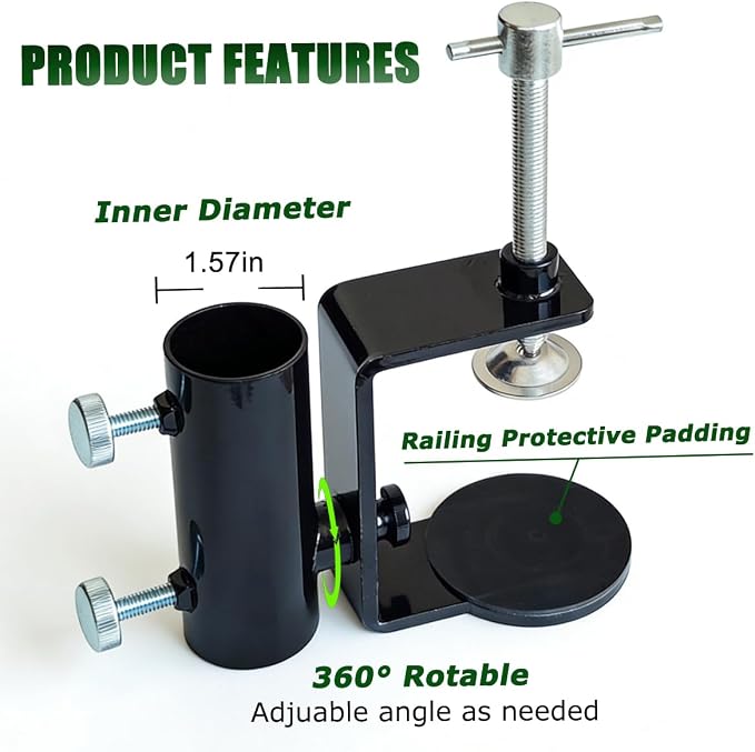 Heavy Duty Steel Umbrella Clamp - 360° Rotatable Balcony Umbrella Railing Umbrella Holder, Attaches to The Deck Railing, Chair, Benches, Tailgates, Boats and More, Black