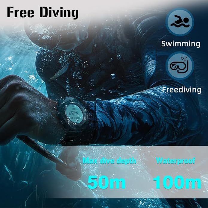 NORTH EDGE Apache-D Freediving Watch for Men, 100M Water Resistant Digital Outdoor Watch with 50M Dive Mode, Compass, Altimeter, Barometer, Thermometer, Pedometer, Rechargeable Hiking Watch