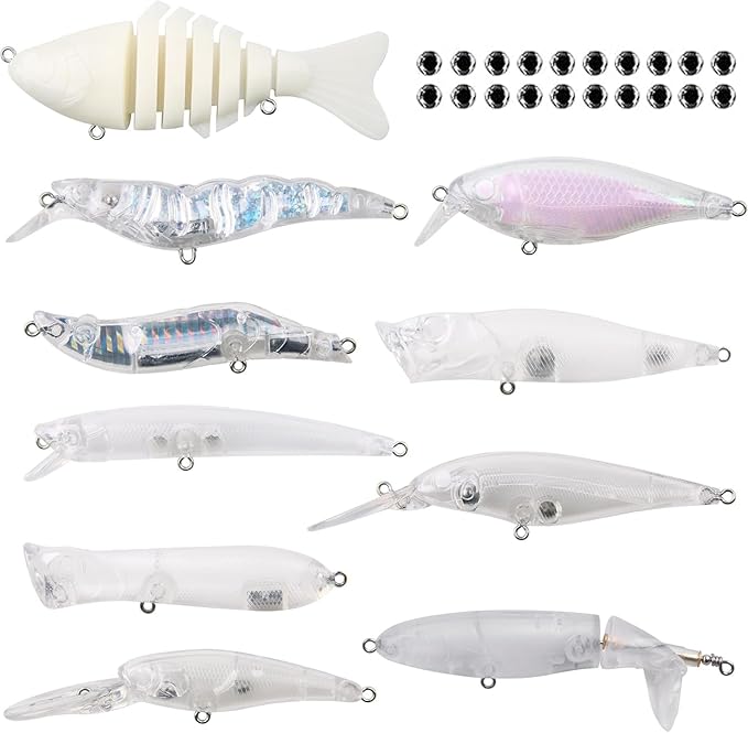 Blank Fishing Lure Kit,Unpainted Popper Plug Lures DIY Crank Bait Set Fishing Pliers Treble Hooks 3D/4D Lure Eyes Bait Sticker Split Rings,Fish Tackle Accessories Kits