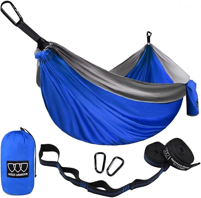 Gold Armour Camping Hammock - Portable Hammock Single Hammock Camping Accessories Gear for Outdoor Indoor Adult Kids, USA Based Brand (Blue & Grey)