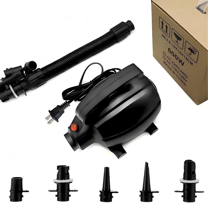 Electric Pump for Inflatables, 600W Portable Air Pump for Mattress Inflatable Gymnastics Mat, Air Track Mat, Air Bed Pump Motor, Inflator Deflator with 5 Nozzles