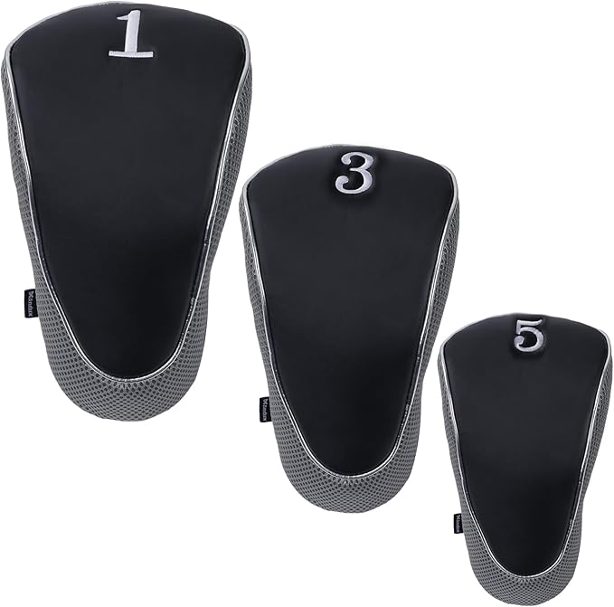 Andux Golf Wood Club Head Covers with Hook & Loop Set of 3 | for 460cc Driver Fairway Short Neck Faux Leather and Nylon-mesh Embroidery thread Number