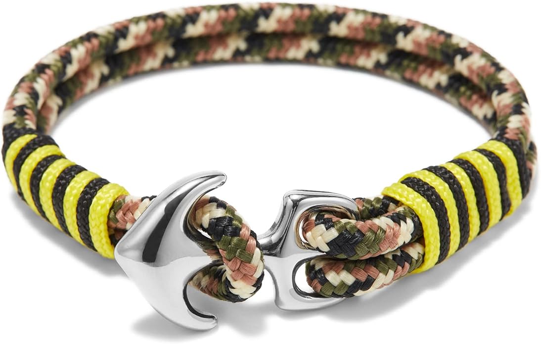 Men's Nautical Anchor Cuff Bracelet, Handmade Black & Blue Stainless Steel Rope Wristband with Lobster Claw Clasp