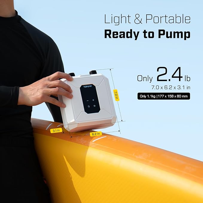TOPUMP Electric Paddle Board Pump Portable, 20PSI Cordless Rechargeable SUP Pump with Auto-Off, Fast Dual-Stage Inflation & Deflation, 7 Nozzles for Kayaks, Boats, Tents