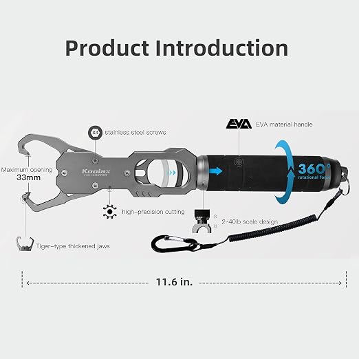 11.6" Fish Lip Gripper, Aluminum Alloy Fish Grabber with 40lb Scale, 360° Swivel Handle, Corrosion-Resistant for Saltwater & Freshwater (Gray)