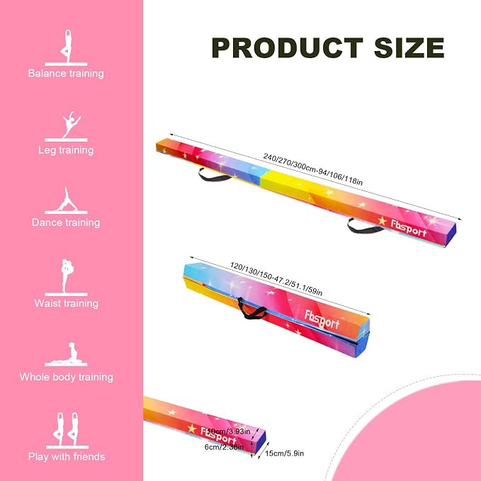 FBSPORT 8ft/9ft/9.5ft Balance Beam Folding Gymnastics Beam Foam Balance Floor Beam Equipment for Kids Adults, Suede Cover Anti Slip Base with Carry Bag for Home School Gym Training