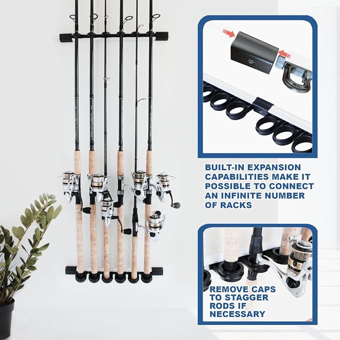 Rush Creek Creations 6 Rod Fishing Holder - Vertical/Horizontal Rack for Garage Organization and Wall Storage