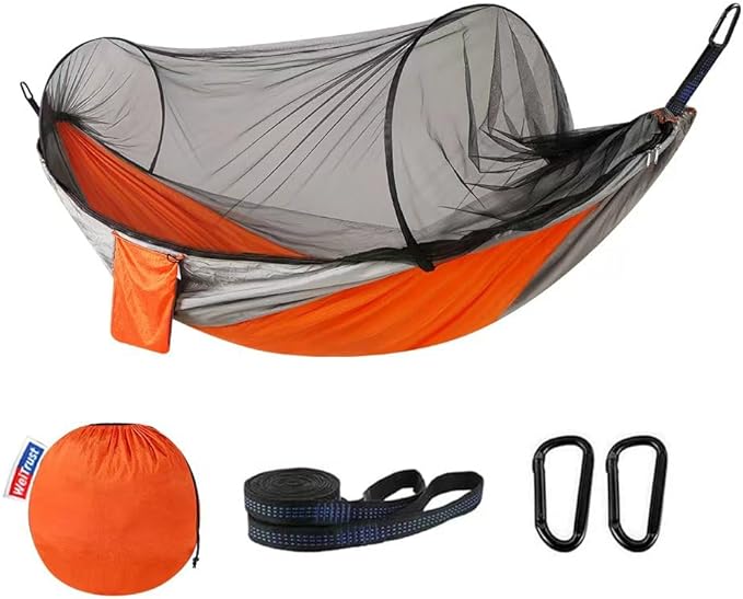 Camping Hammock with Mosquito Net - Double & Single Portable Hammocks with 2 Tree Straps, Lightweight Hammock Tent for Outdoor Camping, Hiking, Backpacking, Beach & Backyard (Orange)