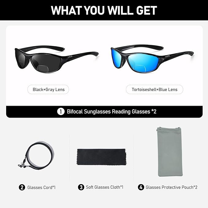 LKEYE Bifocal Reading Sunglasses Men Women Sports Style Sun Reader Wrap Around Build-In UV Protection Driving glasses LK6092