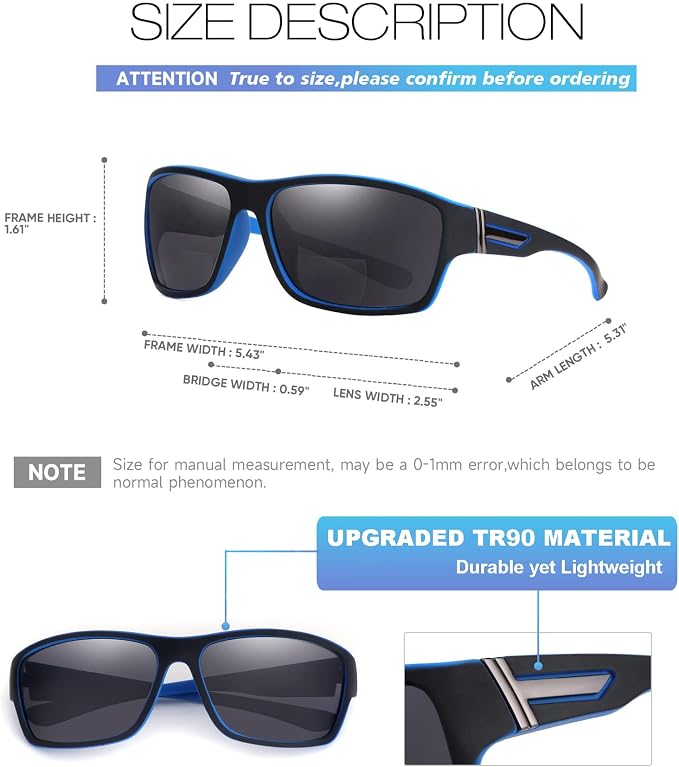 SKYOAK 2 PACK Upgraded Unbreakable Bifocal Reading Sunglasses Men TR90 Frame Wrap Around Design Glasses UV400 Protection Outdoor Sun Reader Sports/Driving (Black & Blue +2.25)